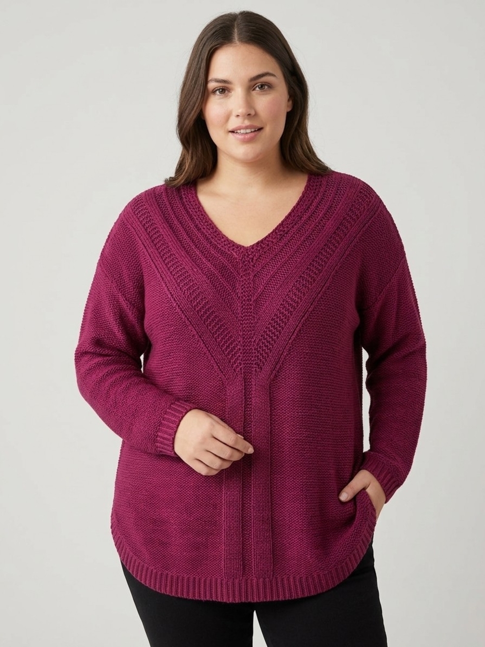 Reitmans Plus 2X Plum Chevron Textured Knit V‑Neck Sweater Cozy Chic